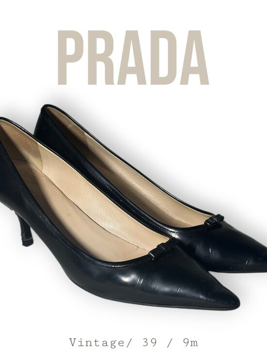 Prada Shoes - Vintage Prada Black Leather Pointed Toe Bow Kitten Heels - EU 39 / US 9